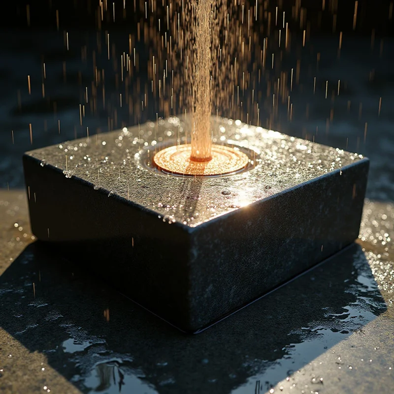 A dark, square block with a granular texture sits on a wet, reflective surface under a stream of golden droplets. Light glints off the liquid particles and the smooth, polished edges of the cube, creating bright highlights against the deep shadows. A vertical column of amber light rises from a circular indentation in the center of the geometric form.