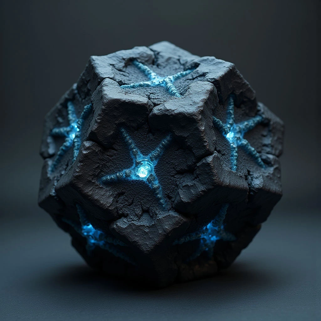 The image features a dark, multifaceted object with a roughly cubic overall shape, though its surfaces are uneven and fragmented. Bright blue lines trace patterns across the object’s surface, converging at a central point of intense light emission. The form is set against a smooth, dark background creating strong contrast and emphasizing its three-dimensional presence.
