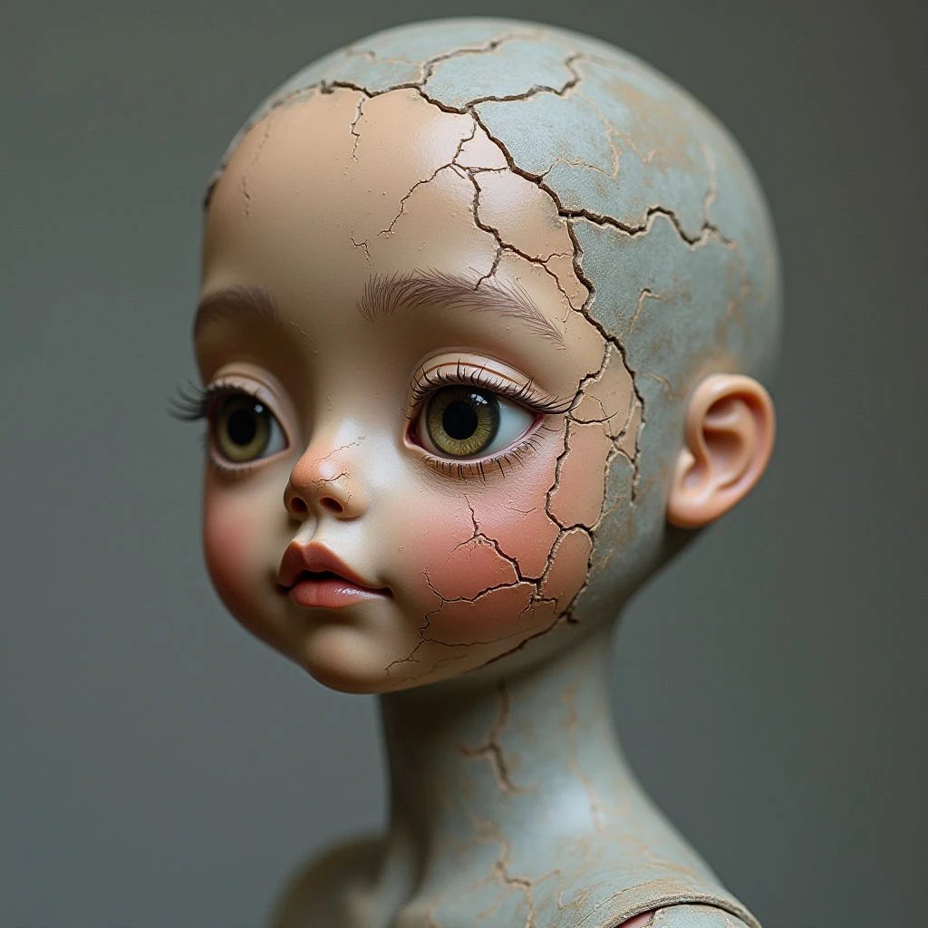 The image depicts a doll’s head and neck in profile, with a stark contrast between smooth facial features and a heavily cracked surface on the upper portion of the head. Colors are primarily muted peach tones for the face, transitioning to a gray-blue hue for the fractured areas; eyes are a prominent olive green. Soft, diffused light highlights the contours of the face while casting shadows within the cracks, creating a sense of depth and texture against a neutral grey background.