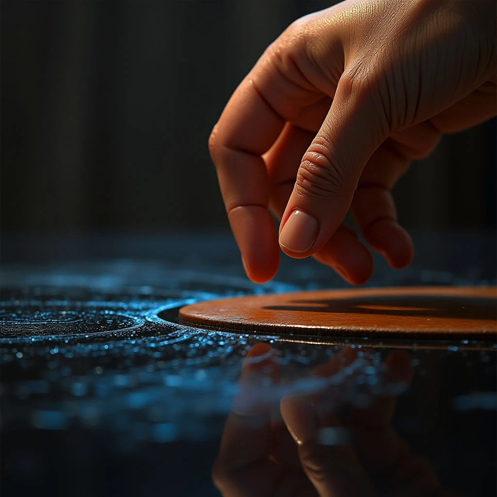 The image features a dark color palette dominated by shades of brown and deep blue with highlights of warm orange on skin tones. A hand extends downwards towards a circular wooden object resting on a highly reflective, textured surface that appears wet or glossy. Light focuses primarily on the hand and the wood disc, creating strong contrasts and emphasizing their forms while the surrounding space remains shadowed.