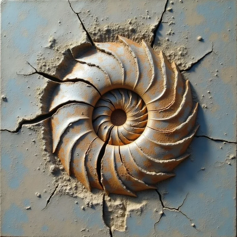 A spiraling nautilus shape in earthy ochre and cream tones emerges from a cracked, pale blue surface. The composition features rough, granular textures concentrated around the central form and along jagged fissures that radiate outward. Light originates from the upper left, casting deep shadows within the shell's ridges and emphasizing the three-dimensional relief against the flat background.