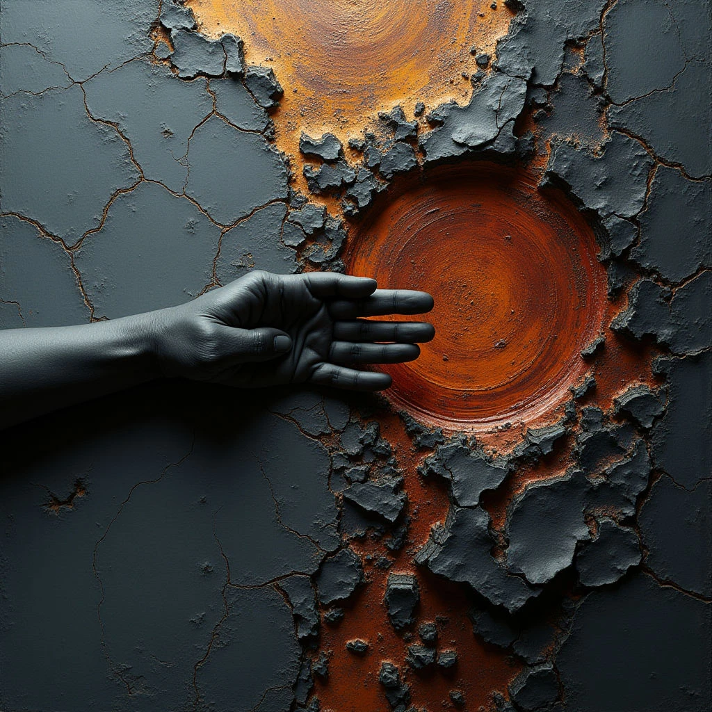 The image features a dark, textured surface with a large circular opening revealing warm orange and yellow tones beneath. A smooth, gray hand extends towards the circle, partially obscuring its edge, creating contrast in both color and texture. Light appears to emanate from within the circular form, highlighting its concentric rings while casting shadows across the cracked, uneven surrounding material.