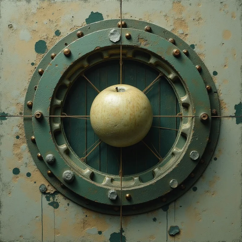 A pale, textured apple is centered within a circular, dark green metal frame that features rounded ridges and bolted edges. The composition rests against a weathered, light beige background marked by peeling paint and dark teal spots. Thin wires radiate from the center of the ring toward the apple, creating a sense of depth against the flat, industrial surfaces.