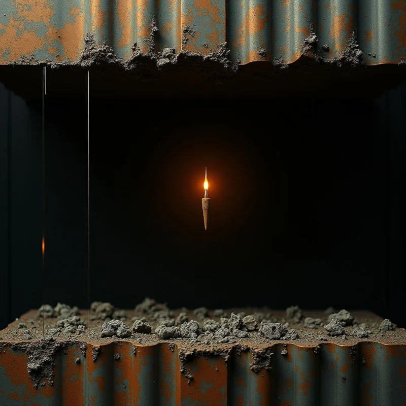 A single, glowing vertical spike hangs suspended in a dark central void between two parallel, corrugated metal structures. The surfaces feature rusted orange and teal tones with rough, rocky textures clinging to the edges of the ridges. Thin, translucent lines descend from the top structure toward the bottom, creating a sense of depth within the dark space.