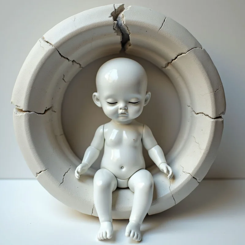 The image features a pale, glossy figure seated within a rough, circular form. The figure has smooth skin and closed eyes, while the surrounding shape is textured with cracks and an uneven surface. Soft, diffuse light illuminates both elements, creating highlights on the figure and gentle shadows in the crevices of the circle, which appears to be resting on a flat white plane.