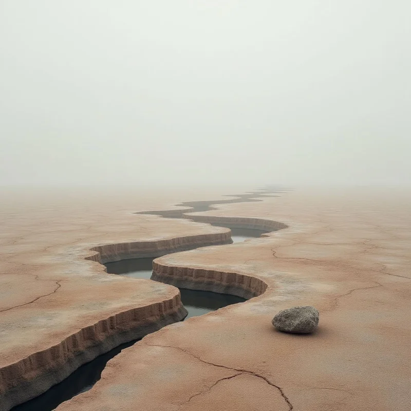 A winding, dark fissure cuts through a vast, tan expanse of cracked earth under a pale, hazy sky. The landscape features rough, granular textures and deep shadows within the crevice, contrasting with the smooth, diffused light of the foggy horizon. A single grey stone sits in the foreground, providing a sense of scale against the sweeping curves of the canyon-like crack.