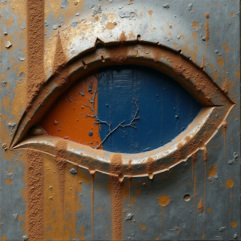 A large, almond-shaped eye opening is centered within a weathered gray surface marked by orange rust and vertical streaks. The interior of the eye features a split color scheme of deep blue and burnt orange, textured with fine, dark branch-like silhouettes. Rough, granular textures outline the eye's perimeter, creating a heavy relief against the flatter, mottled background.