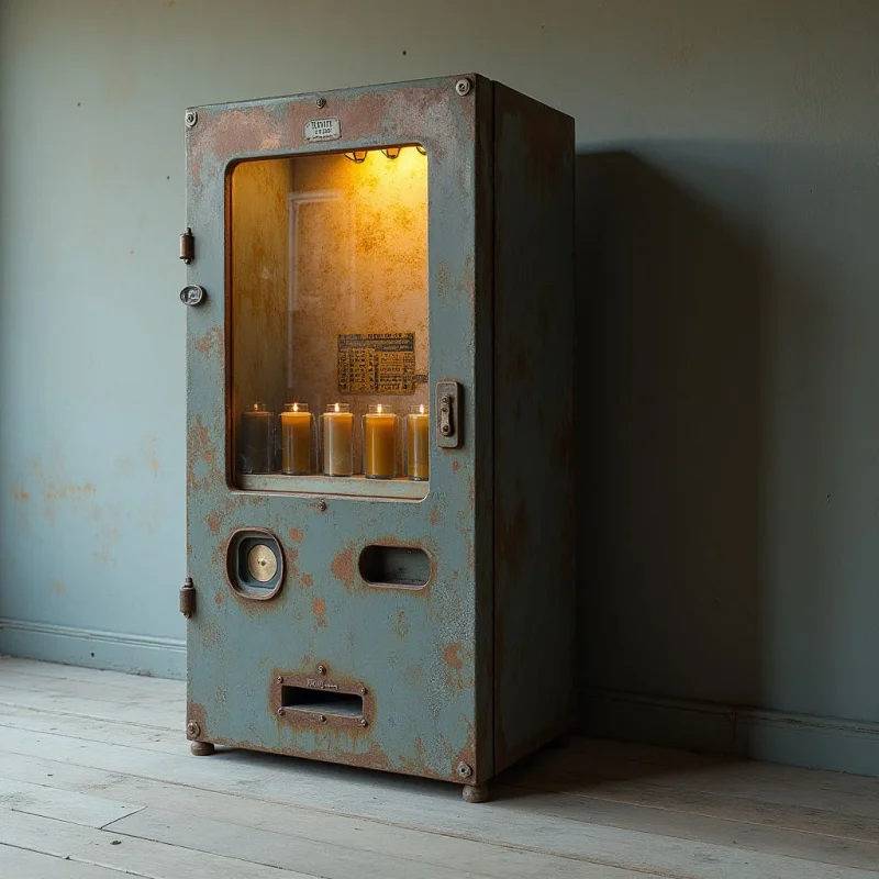 A weathered, rectangular metal cabinet with a muted blue-gray finish and rust-colored patches stands against a pale wall on a light wood floor. Inside the illuminated glass compartment, several cylindrical candles emit a warm, golden glow that contrasts with the cool tones of the exterior. The composition is defined by straight edges and geometric forms, with soft shadows cast behind the cabinet onto the textured surfaces.