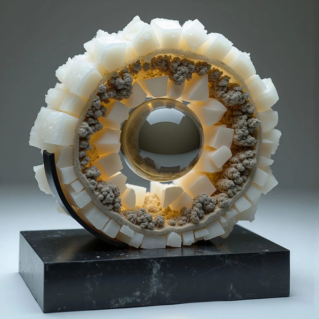 The image features a circular form constructed from pale, rectangular blocks and textured, granular material in shades of tan and gray, resting on a dark, polished base. A clear sphere is centered within the ring’s opening, reflecting the surrounding tones and creating highlights. Light appears to emanate from behind the central sphere and within the granular sections, contrasting with shadowed areas between the blocks and within the base.