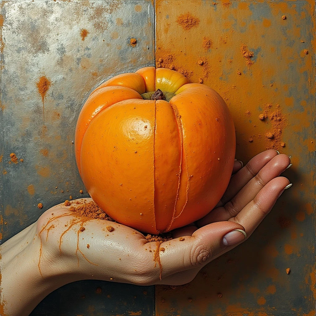 The image features a bright orange pumpkin held in a pale hand against a textured background of muted blue and ochre panels. A fine brown powder is scattered across the surface, appearing to drip down from above and rest within the creases of the hand. The pumpkin’s rounded form contrasts with the angular divisions of the backdrop, while light reflects off its smooth skin creating highlights and shadows.