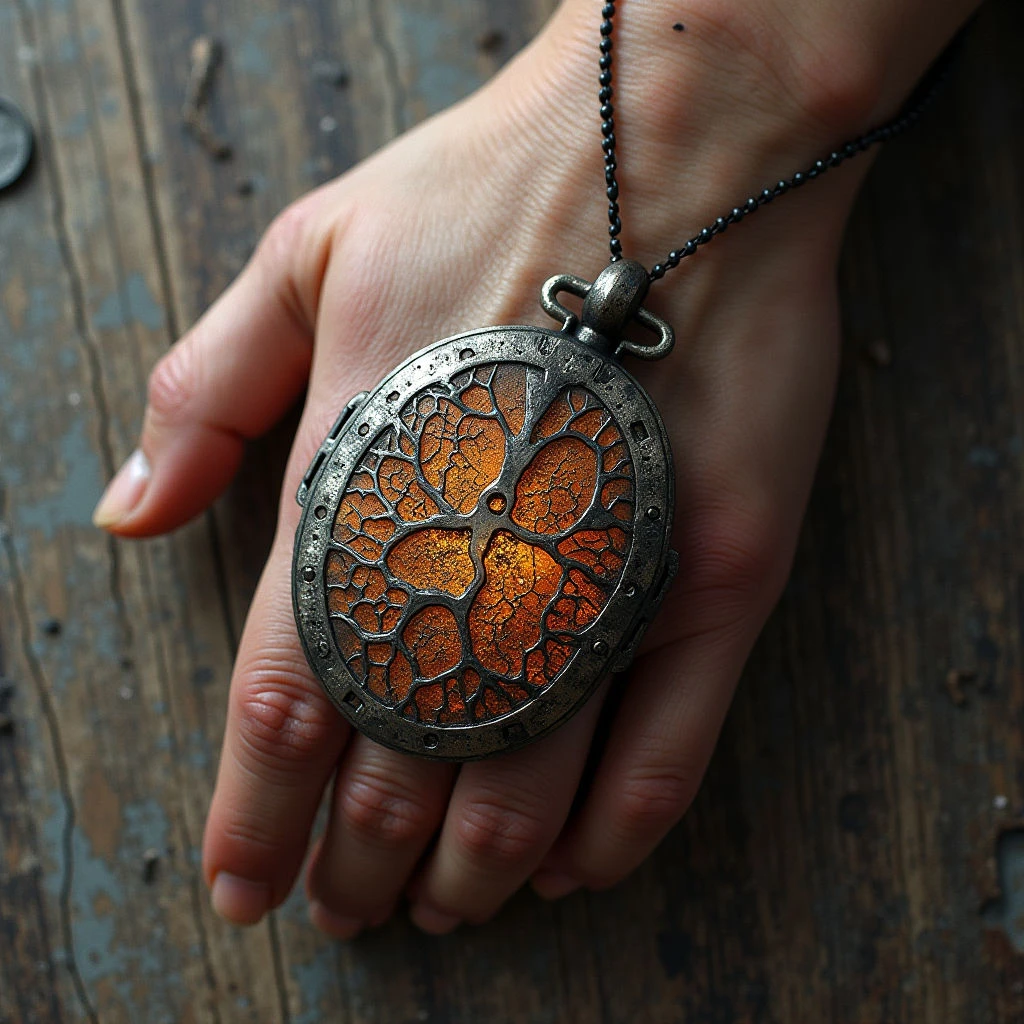 The image features a hand holding a circular pendant with an intricate openwork design revealing a warm orange interior against a muted silver frame. The background consists of weathered blue-green wooden planks with varying textures and grain. Light appears to be diffused, casting soft shadows on the hand and highlighting the details of both the jewelry and the wood surface.
