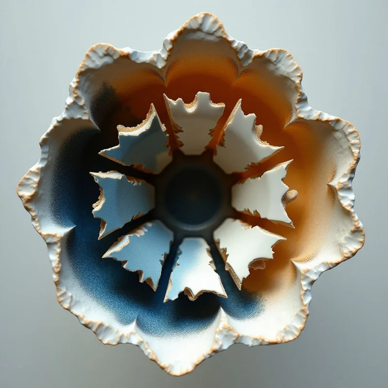 A central dark void is surrounded by radiating, petal-like structures that transition from deep navy blue to warm ochre and creamy white. The textures appear organic and slightly granular, featuring jagged, irregular edges along the scalloped perimeter. Light emanates from within the center, casting soft gradients across the undulating surfaces against a neutral, pale background.