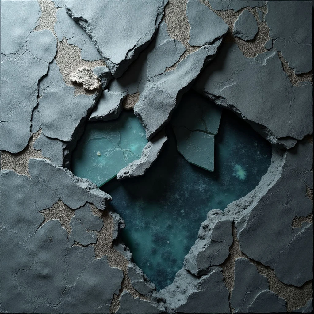 The image features a predominantly cool color palette of blues and grays, with variations in shade suggesting depth and shadow. Rough, fractured surfaces dominate the composition, contrasted by smoother areas within the central opening which reveals a darker, textured field below. Irregularly shaped fragments create a sense of brokenness and layered space, drawing focus to the illuminated void at the center.