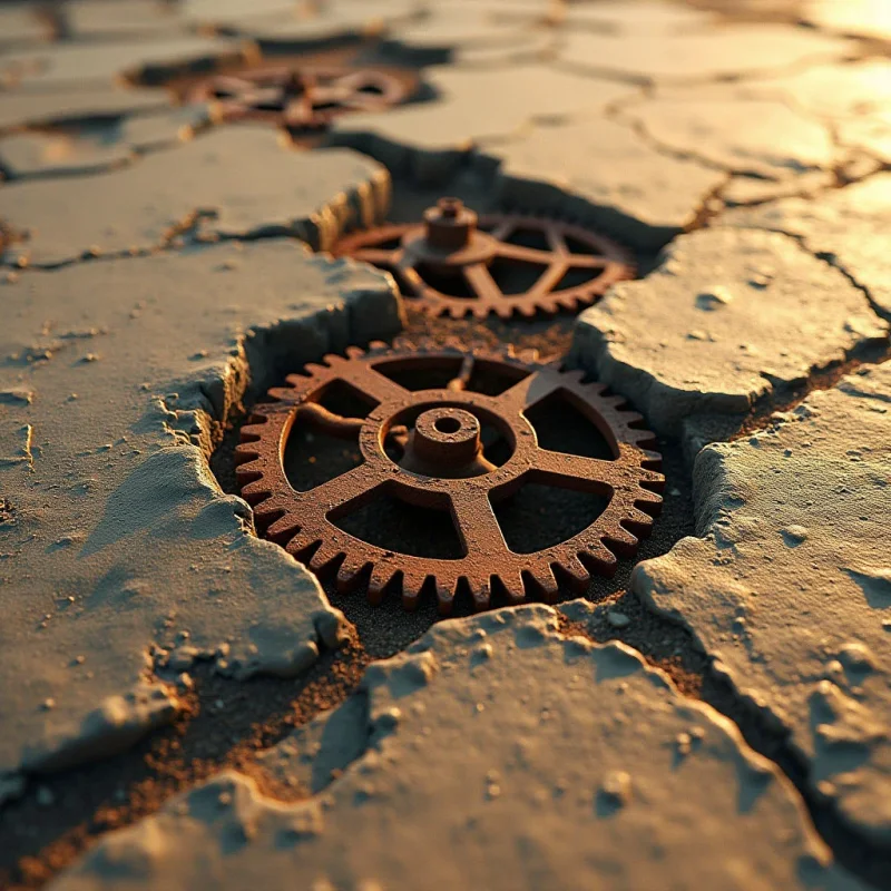 A series of rusted, circular metal gears with serrated edges are embedded within deep cracks in a parched, textured landscape. The composition features warm, golden light casting long shadows across the uneven, earthen surfaces and the metallic components. These elements recede into the background along a diagonal path, creating a sense of depth through diminishing scale.