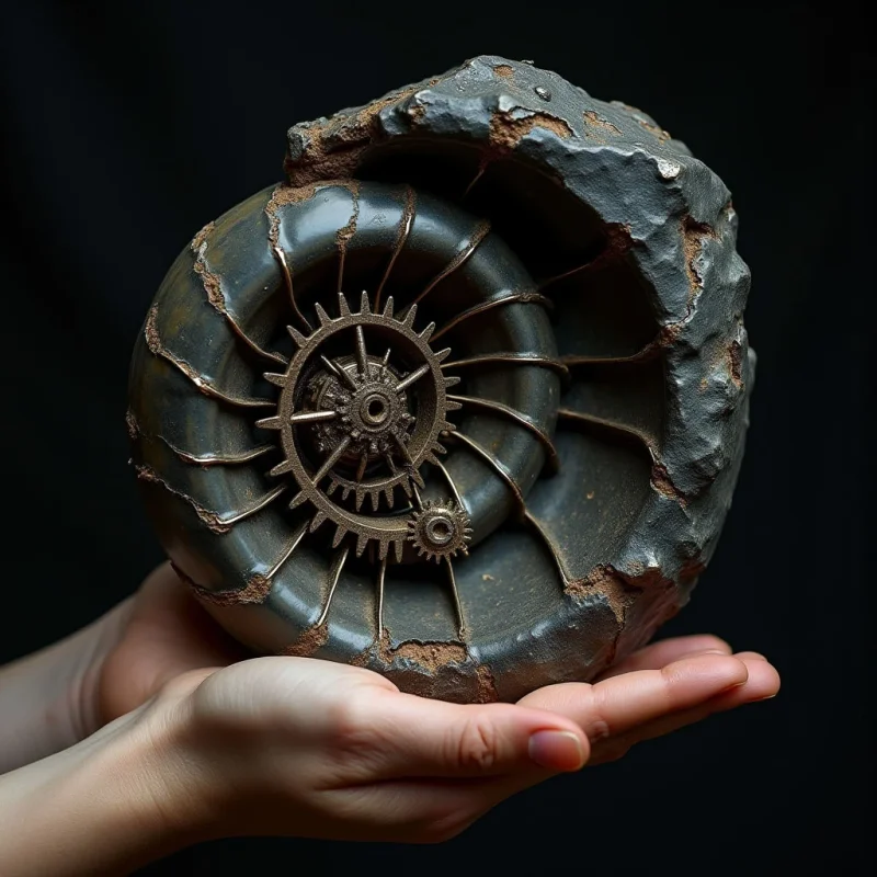 A dark, metallic nautilus shell with a rough, stone-like exterior and smooth, bronze-colored interior rests in two open palms against a black background. The center of the spiral features intricate, interlocking gear shapes with hard, mechanical textures that contrast with the organic curves of the shell. Dim light highlights the ridges of the gears and the coarse edges of the outer casing, creating deep shadows within the structure's recesses.