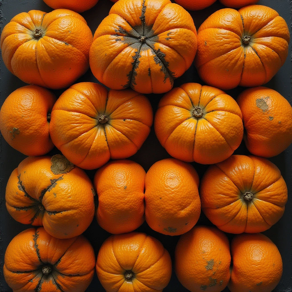 The image is comprised of a grid of small, orange pumpkins against a dark gray background. The pumpkins exhibit ribbed textures and variations in shade, with some displaying dirt or markings around their stems. They are closely arranged, creating a dense composition with minimal space between each form, and appear to be lit from above resulting in subtle highlights and shadows on their rounded surfaces.