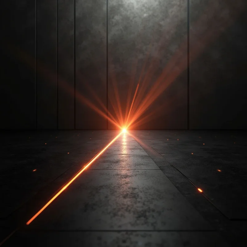 A bright orange light emanates from a central point on a dark, textured floor, casting long rays upward and a sharp line toward the foreground. The scene consists of monochromatic gray surfaces with a grainy, stone-like texture, contrasted by the glowing orange streaks. Vertical lines on the background wall create a sense of depth against the expansive, flat plane of the ground.