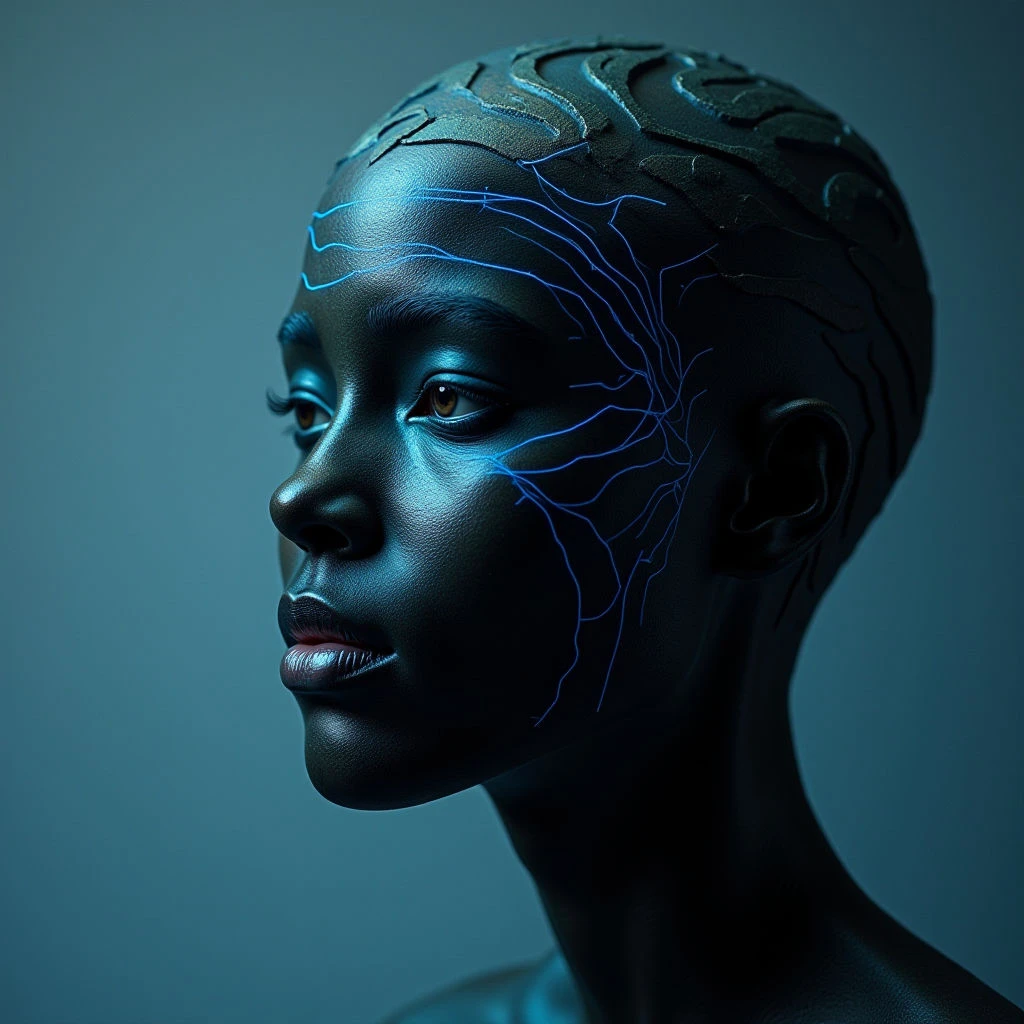 The image features a dark-skinned human head and neck in profile against a blurred teal background. The skin appears smooth with subtle variations in tone, contrasted by bright blue linear patterns across the forehead and temple. Light primarily illuminates the face from the front and side, creating highlights on the nose, cheekbone, and lips, while shadows define the contours of the head and suggest a rounded form.