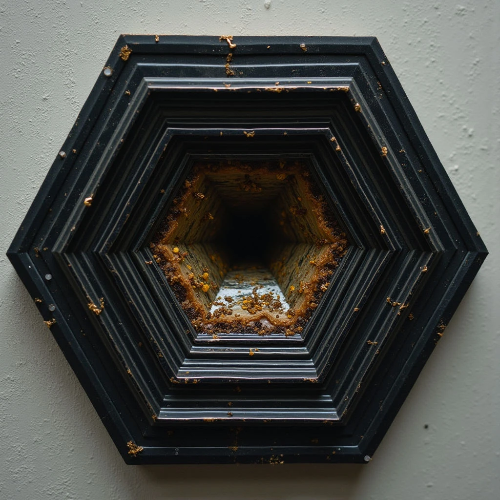 The image features a series of concentric hexagonal frames in shades of dark gray and black, diminishing in size towards a central void. Within the innermost hexagon is a rough, textured surface composed of golden-brown granular material that appears to recede into darkness. Light sources are not directly visible, but illuminate the interior texture while creating shadows along the frame edges and a slight gradient on the surrounding wall.
