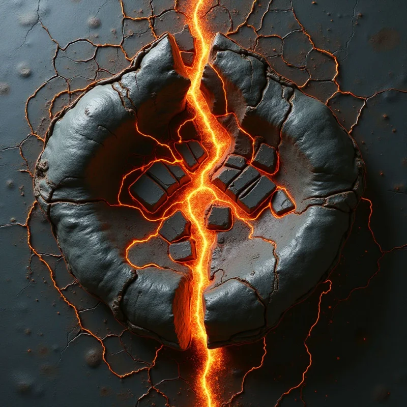 A dark, textured gray ring with a craggy, stone-like surface is split down the center by a glowing orange fissure. This molten light radiates from deep cracks within the circular form and extends outward into a web of jagged lines across the surrounding matte ground. The composition centers on the high-contrast relationship between the cool, dark shadows and the vibrant, luminous heat of the central divide.