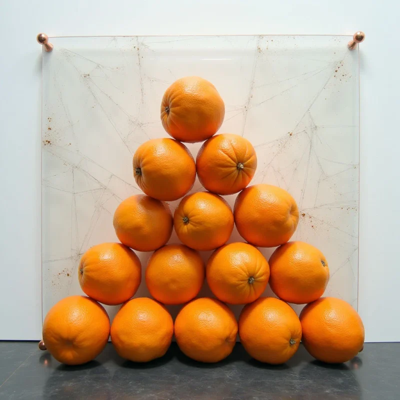 A pyramid of fifteen oranges is centered against a white background with a cracked glass panel behind it. The oranges are uniformly colored in shades of orange and exhibit a textured dimpled surface, while the glass has a network of fine lines and scattered brown speckles. Light appears diffused and even across the scene, casting soft shadows beneath the fruit and emphasizing their rounded shapes.