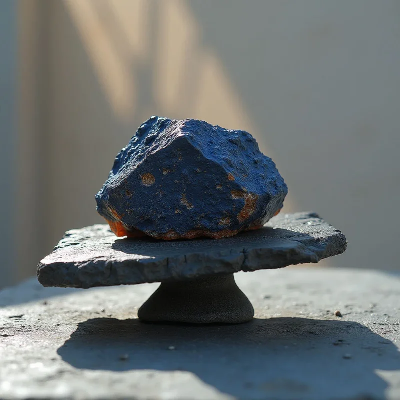 A dark blue, irregularly shaped rock with a rough, pitted texture sits atop a flat, grey stone slab. The composition is centered against a soft, pale background of diffused light and muted shadows. A sharp shadow cast by the stone base extends toward the foreground on a textured, granular surface.