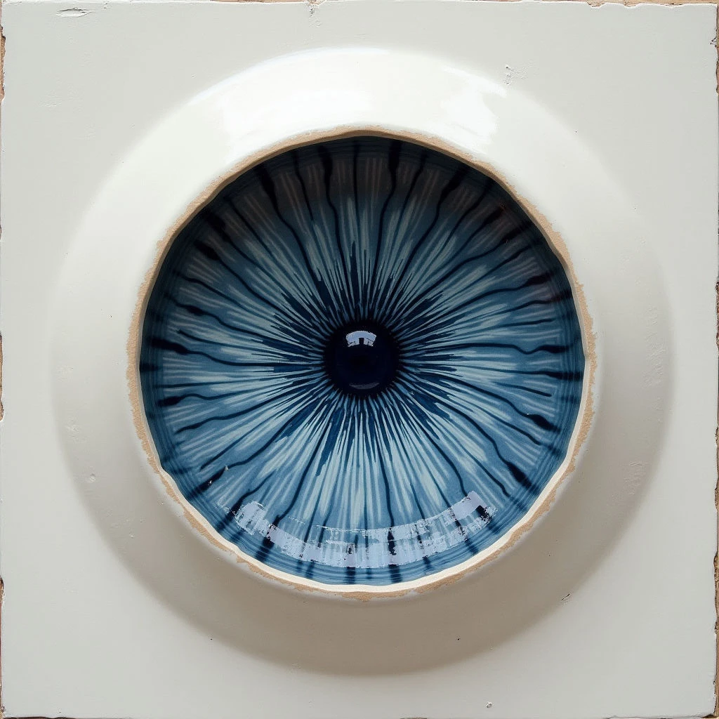 The image features a circular form with radiating lines of deep blue and lighter indigo tones set within a smooth, off-white surrounding structure. The central area appears textured due to the pattern of the lines, contrasting with the glossy finish of both the inner circle and the outer frame. A slight depth is implied as the circular element is recessed into the larger square shape, creating a contained focal point.