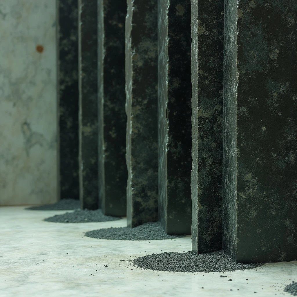 The image features a series of dark, vertically oriented rectangular forms standing on a pale, reflective floor, with piles of granular material at their bases. The color palette is dominated by cool grays and blacks, contrasted by the warmer tones in the wall behind the forms; textures appear rough and uneven on the vertical elements and finely grained on the floor and accumulated debris. Light appears diffuse, creating soft shadows that emphasize the spatial separation between the objects and suggest depth within a minimalist environment.