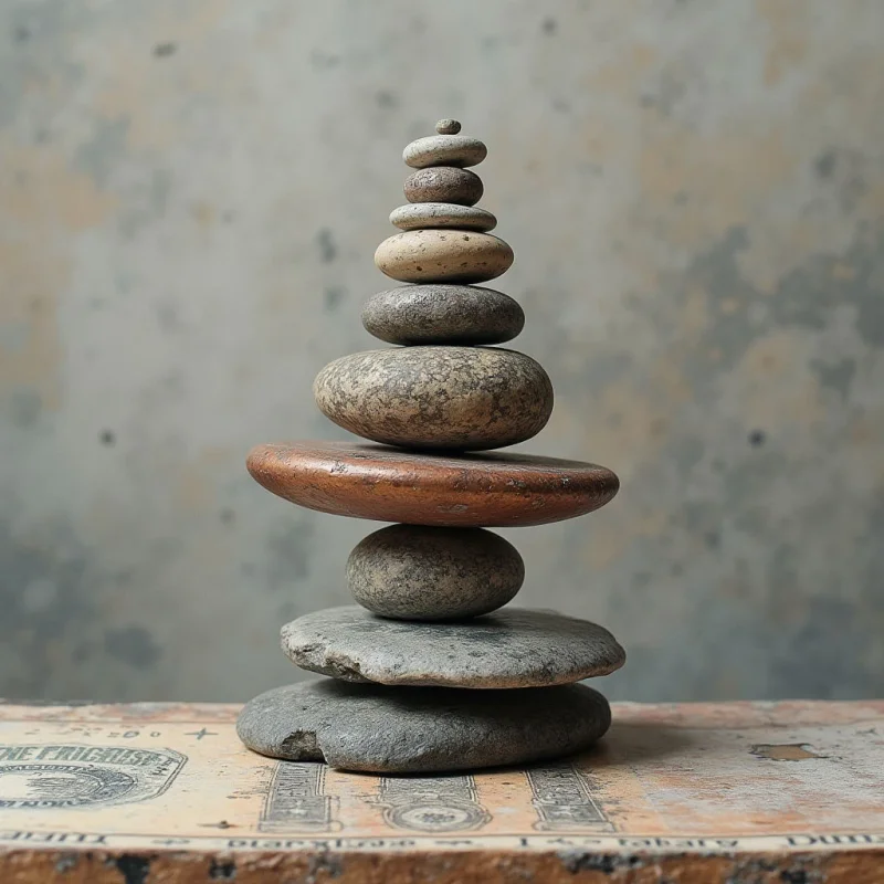 A stack of smooth, rounded stones of varying sizes and earthy tones—ranging from dark grey to reddish-brown—is arranged vertically in a tapering conical shape. The rocks feature diverse textures, from fine grains to mottled patterns, resting on a weathered, patterned surface against a muted, textured backdrop. Soft, diffused light illuminates the composition, creating subtle shadows that define the spatial depth between each layered stone.