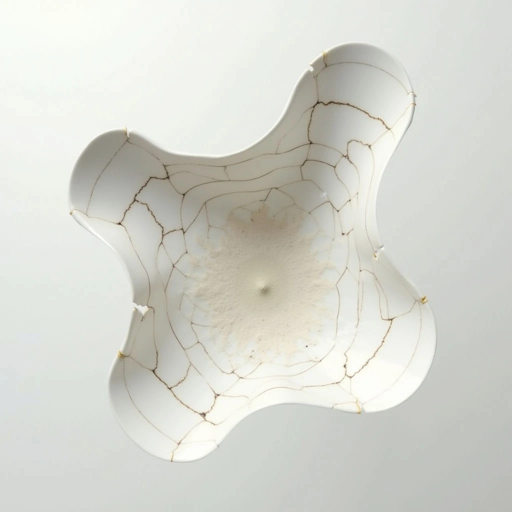 The image features a primarily white, irregularly shaped object with a network of fine cracks across its surface, repaired with gold seams. The texture appears smooth overall, contrasted by the granular quality within the central cavity and along the fracture lines. Soft, diffused light illuminates the piece from above, creating subtle shadows that emphasize its form and highlight the spatial depth of the interior.