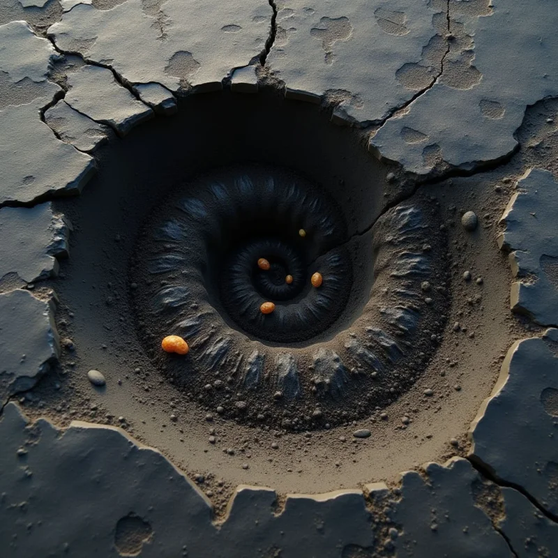 A dark, spiraling vortex of ridged, sand-like texture descends into a central void, surrounded by cracked, slate-gray earth. Small, smooth orange spheres are scattered within the spiral and across the surrounding terrain, providing high-contrast accents against the muted tones. Light falls from above, casting soft shadows that define the depth of the crater and the granular details of the sediment.