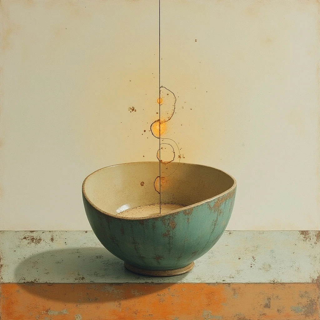 The image features a teal bowl with a worn texture centered on a flat surface divided into two horizontal bands of pale green and warm orange. A vertical line bisects the composition, extending upwards from the bowl where a series of loosely connected amber shapes appear to float in mid-air. Soft, diffused light creates subtle shadows beneath the bowl and suggests a gentle gradient across the background wall.