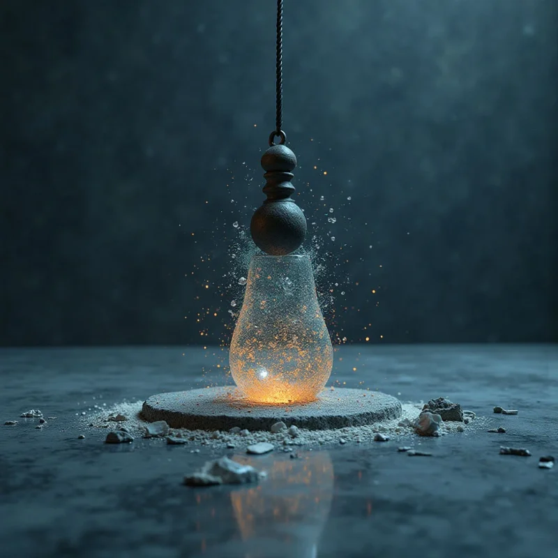 A glowing orange orb sits within a transparent teardrop-shaped vessel, which is suspended from a dark cord above a circular stone base. Small, sparkling particles of light and grit scatter around the central object against a dark, textured blue background. The composition features sharp contrasts between the warm internal light and the cool, matte surfaces of the surrounding elements.