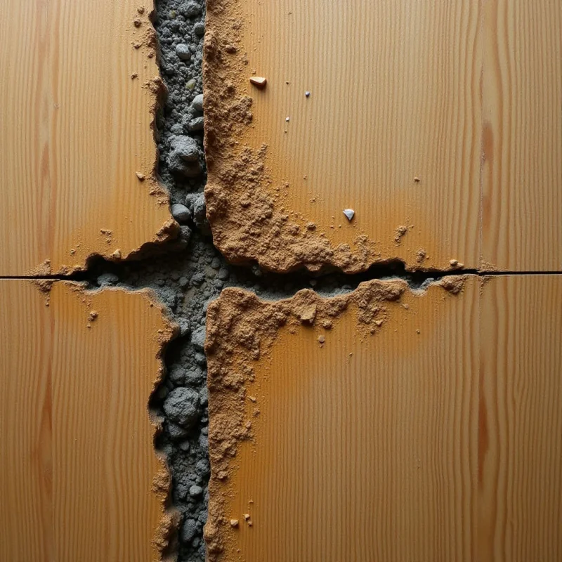 A vertical and horizontal fissure divides a smooth, tan wood-textured surface into four quadrants, revealing a dark, granular gray interior. The edges of the cracks are jagged and irregular, with coarse, sandy-colored debris spilling out from the center toward the surrounding panels. Even, diffused light illuminates the scene, highlighting the contrast between the linear grain of the wood and the rough, rocky texture within the gaps.