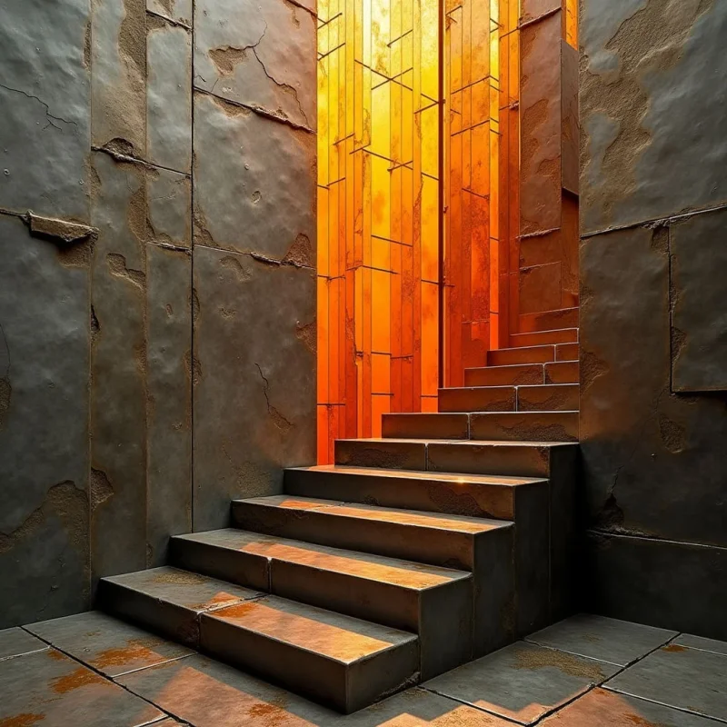 A set of dark, textured stone steps leads upward toward a narrow corridor composed of glowing orange and golden vertical rectangular pillars. The rough, weathered surfaces of the surrounding gray walls contrast with the smooth, luminous light emanating from the central passage. Bright light spills forward from the opening, casting long shadows and warm highlights across the foreground floor and stair treads.