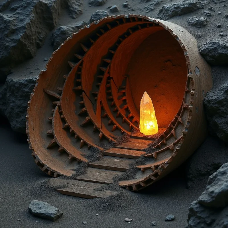 A large, circular tunnel with a rough, earthen texture and stepped wooden platforms leads toward a glowing orange crystal at its center. The composition is dominated by dark grey sand and jagged rock textures, contrasted against the warm, radiant light emanating from the central gem. A sense of depth is created by the receding concentric rings of the tunnel structure as they converge on the luminous focal point.