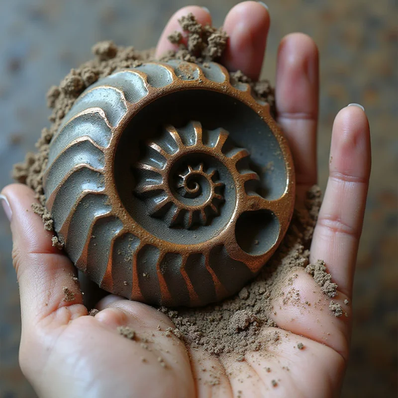 A coiled, spiral ammonite shell with deep ridges and a metallic bronze sheen rests in the center of two cupped hands filled with coarse brown sand. The object features a dark gray interior contrasted by warm, textured amber lines tracing its sculptural curves. Soft, diffused light illuminates the scene from above, creating subtle shadows within the shell's grooves and between the fingers.