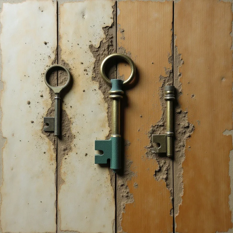 Three metallic keys of varying sizes are arranged vertically against a background of weathered wooden planks in shades of tan and ochre. The composition features textured, jagged earthen ridges that run parallel to the vertical seams of the wood, creating a sense of depth between the keys and the surface. Soft, diffused light illuminates the scene from above, casting subtle shadows that define the metallic sheen of the keys and the rough grain of the timber.