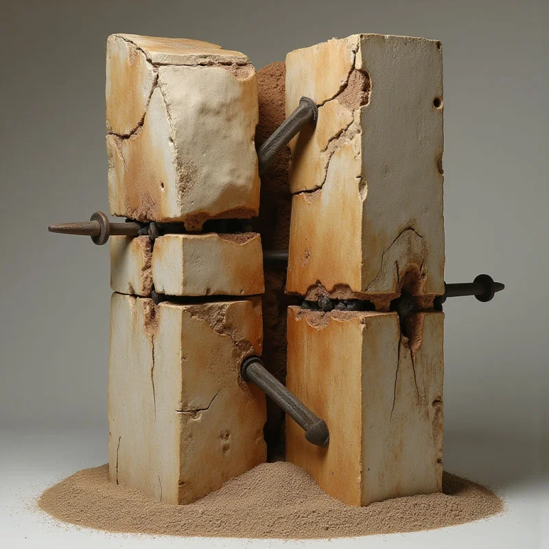 Two rectangular, weathered stone blocks in shades of beige and tan are held together by dark metal bolts driven through their cracks. The rough, pitted texture of the stone contrasts with the smooth, industrial finish of the fasteners, all set against a neutral gray background. A mound of fine, brown sand sits at the base, grounding the vertical structures within the composition.