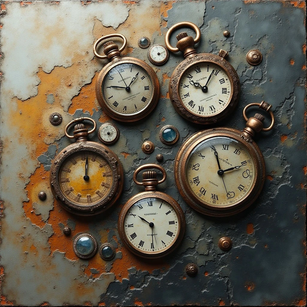 The image features a collection of antique pocket watches arranged on a heavily textured surface with shades of grey and orange rust. The watches are primarily gold-toned with white faces displaying Roman numerals and delicate hands, contrasted by smaller metallic rivets and gears scattered around them. Light appears to come from above, creating highlights on the watch casings and emphasizing the rough, uneven qualities of the background material while casting soft shadows.