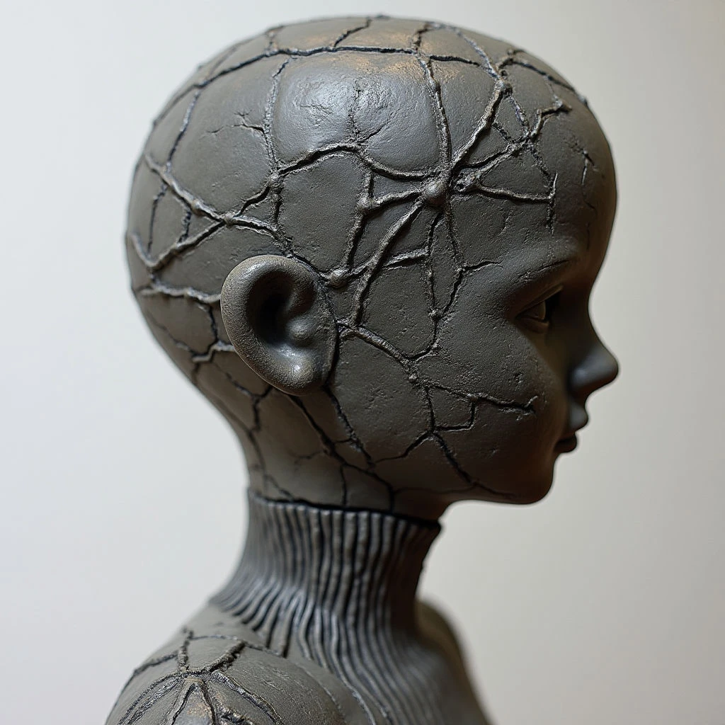 The image depicts a bust of a head in shades of muted gray and brown, with darker tones defining crevices and shadows. The surface texture is heavily cracked across the skull and neck, contrasting with smoother areas around the face and ear, while ribbed detailing appears on the turtleneck garment. Soft, diffused light illuminates the profile, creating subtle gradients and emphasizing the three-dimensional form against a plain, lighter background.