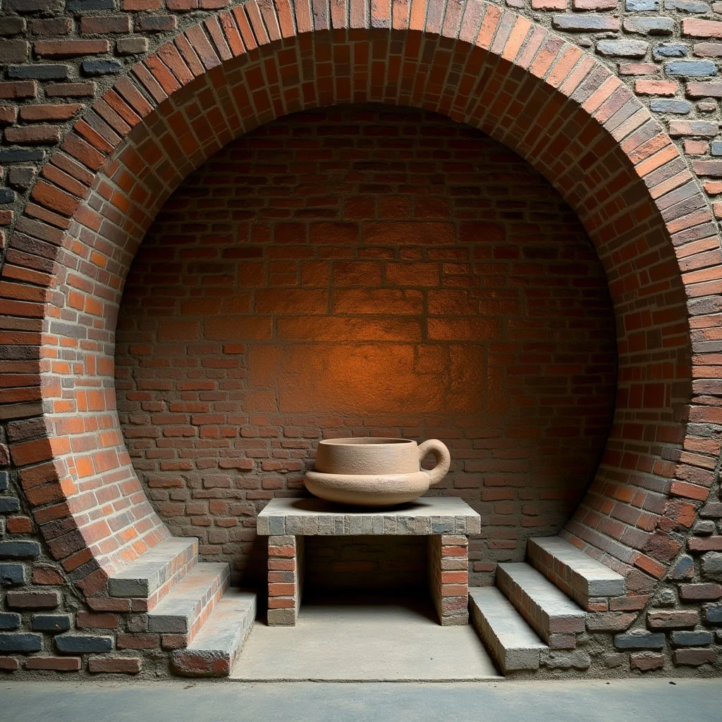 The image features a circular alcove constructed entirely of reddish-brown bricks with varying tones and textures. A small, rounded vessel with a handle rests on a low brick pedestal centered within the alcove, which is flanked by two sets of ascending brick steps. Light appears to emanate from behind the vessel, creating a warm glow that highlights the back wall of the space and casts shadows across the surrounding bricks.