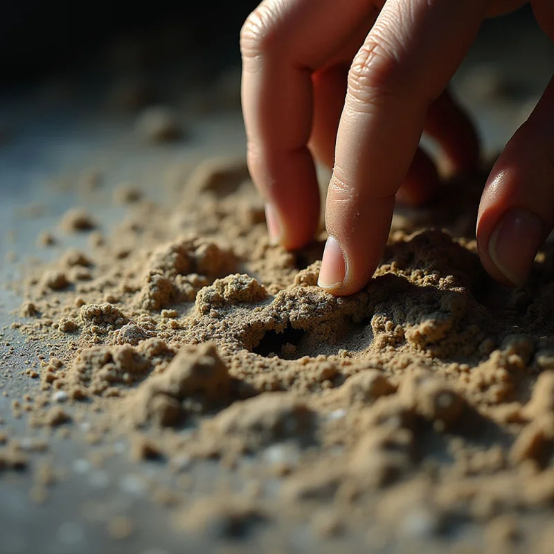 A human hand reaches down into a mound of coarse, tan-colored granules that create uneven, textured peaks and valleys. Warm light illuminates the skin and the granular surface, casting soft shadows within the crevices of the material. The composition features a shallow depth of field, focusing on the point where the fingers meet the earth while the background remains blurred.