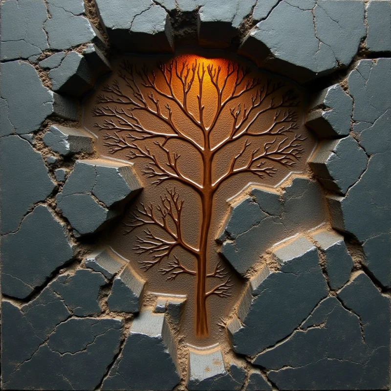 A leafless, bronze-colored tree is centered within a jagged, irregular opening in a dark grey, cracked stone surface. Warm light glows from the top of the recessed cavity, casting shadows that emphasize the tree's branching silhouette and the rough, granular texture of the background. The composition creates a sense of depth through the contrast between the flat, fractured outer plane and the illuminated interior space.