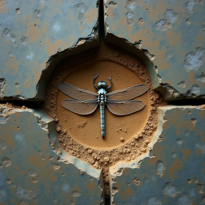A pale blue, textured stone surface is fractured by dark cracks and features a large circular void in the center. Within this recessed tan cavity rests a single dragonfly with translucent, veined wings and a segmented body. The composition centers the insect against the warm, sandy texture of the indentation, contrasting it with the cool tones and irregular edges of the surrounding stone.