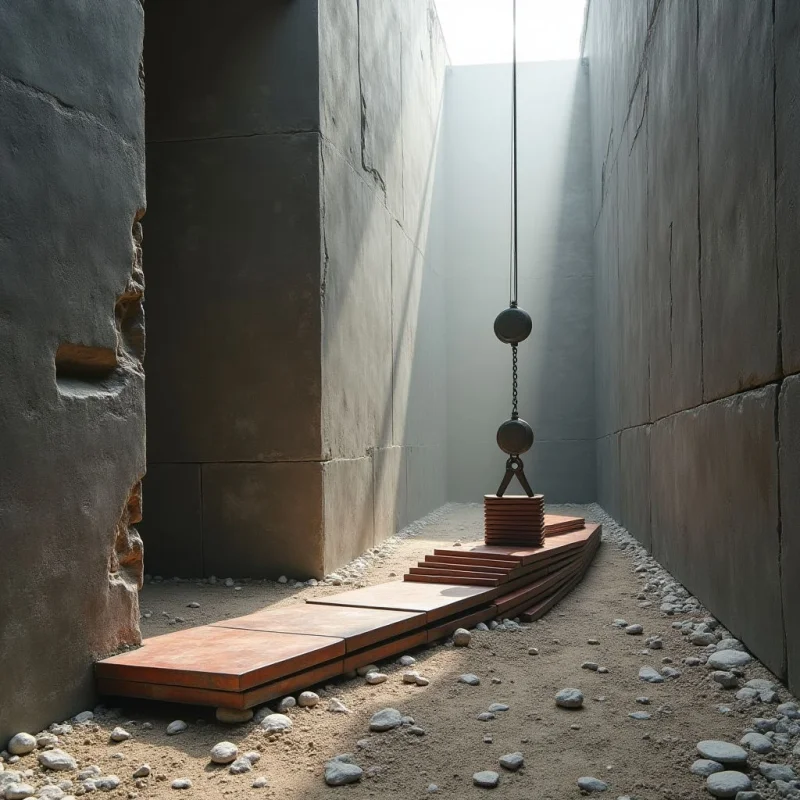 A narrow corridor of tall, gray concrete walls frames a central path of flat, reddish-brown rectangular slabs resting on a sandy ground scattered with small stones. A vertical line consisting of a thin cord and two dark spherical weights descends from above, casting a long shadow across the textured surfaces. Bright light streams down from an opening at the top, illuminating the center of the space while leaving the sides in soft shadow.
