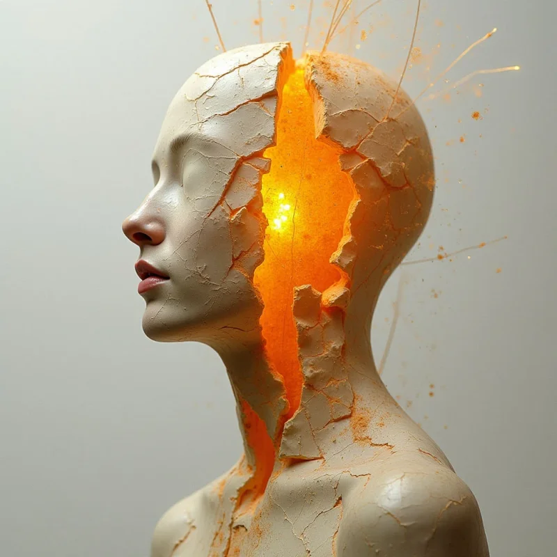 A pale, cream-colored bust with a cracked, matte texture is split vertically by a jagged fissure emitting a bright orange glow. The luminous interior creates a sharp contrast against the smooth, neutral background and the light beige surface of the figure. Small, glowing particles and thin streaks radiate outward from the central opening into the surrounding space.