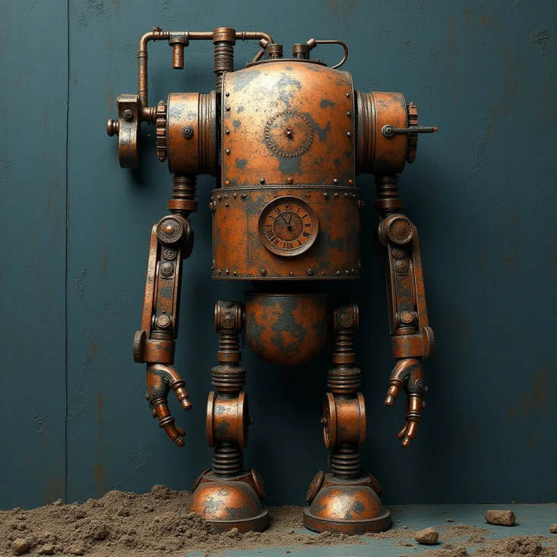 A copper-toned mechanical figure with a weathered, rusted texture stands centrally against a dark teal, vertically paneled wall. The robot's composition features rounded cylindrical forms, gear motifs, and clock faces, connected by thin metallic pipes. Soft light illuminates the metallic surfaces from the front, casting gentle shadows on the dirt-covered ground beneath its heavy, bulbous feet.