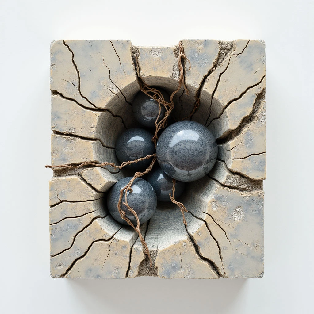The image features a roughly square form constructed from a pale beige material with extensive cracking and fragmentation throughout its surface. Within the central cavity of this structure are four dark gray spherical objects interwoven with thin, rope-like strands of brown fiber. Light appears to be diffused evenly across the scene, casting subtle shadows within the recess and highlighting the textural variations of both the fractured base and smooth spheres.