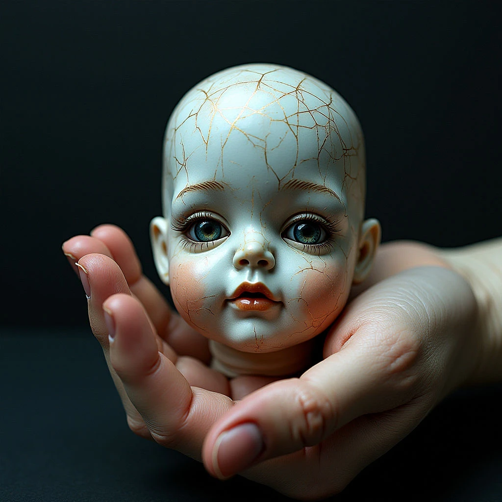 The image features a pale, cracked doll head held in open hands against a dark background. The doll’s surface has a smooth texture broken by golden lines of repair, contrasting with the soft skin tones of the hands and face. Light focuses on the center of the composition—the doll's eyes and mouth—creating shadows that emphasize the depth of the cracks and the curvature of the hands.
